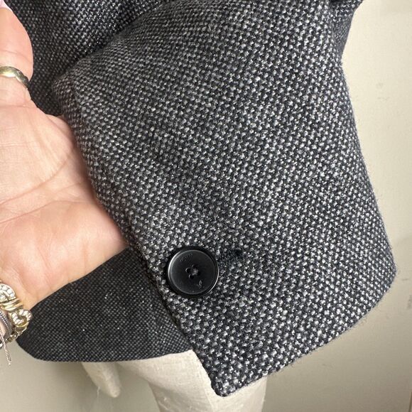American Eagle Gray Black Silver Tweed Blazer Wool Blend Velvet Collar Sz L - Picture 9 of 13